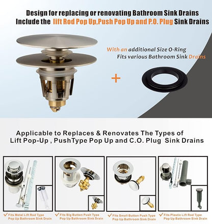 Universal Bathroom Sink Drain Stopper, Fits Most Pop-Up Drains for Vessel Sink Lavatory Vanity, Sink Drain Strainer with Detachable Hair Catcher, Tested by Plumber in US (Brushed Nickel)