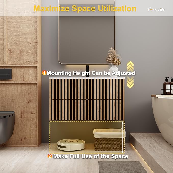 eclife 36" Floating Bathroom Vanity with Sink Combo, Modern Wall Mounted Cabinet with 2 Fluted Drawers, Undermount Sink, Faucet, Drain, Mixed Natural