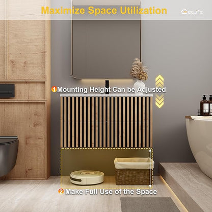 eclife 36" Floating Bathroom Vanity with Sink Combo, Modern Wall Mounted Cabinet with 2 Fluted Drawers, Undermount Sink, Faucet, Drain, Mixed Natural