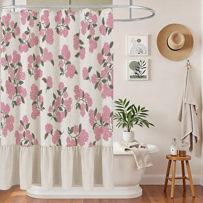ORTIGIA Linen Textured Ruffle Shower Curtain with Metal Hooks, Vintage Pink Hydrangea Floral Boho Waterproof Bath Curtain for Rustic Farmhouse Bathroom Decor 72x72 Inch