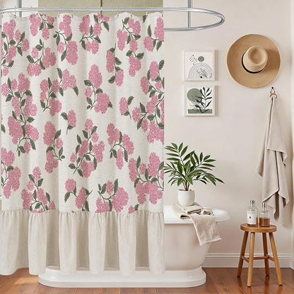 ORTIGIA Linen Textured Ruffle Shower Curtain with Metal Hooks, Vintage Pink Hydrangea Floral Boho Waterproof Bath Curtain for Rustic Farmhouse Bathroom Decor 72x72 Inch