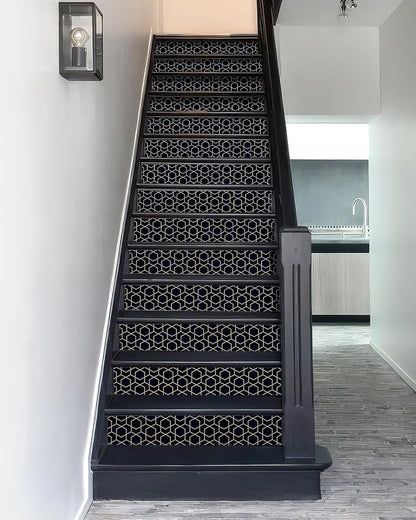 FLFK Stair Riser Decals,Rhombic Black and Gold Texture Vinyl Sticker for Stairs Decoration,14Pcs 39.3"X7.08"
