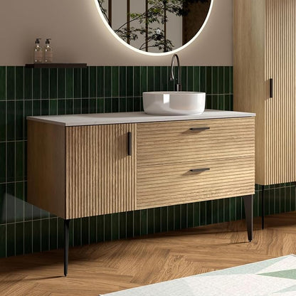 48" Bathroom Vanity with White Vessel Sink, Wall-Mounted, Oak | Fluted Bathroom Cabinet with Offset Ceramic Sink, 2 Soft-Closing Drawers & 1 Door, Engineered Stone Countertop