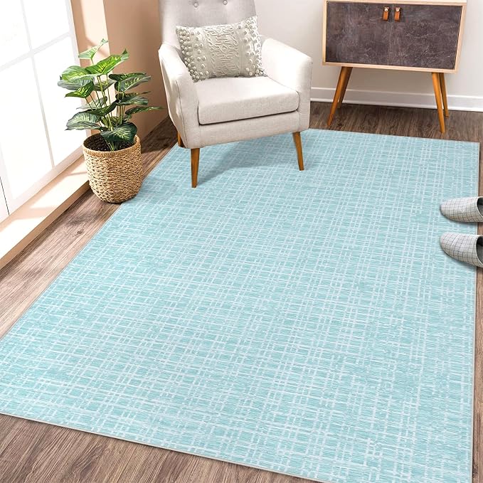 Washable Rug 9x12 Area Rug for Living Room Modern Bedroom Rug Grid Green Plaid Large Area Rug Non Slip Throw Rugs Soft Low Pile Stain Resistant Carpet for Dining Room 9'x12' Mint Green