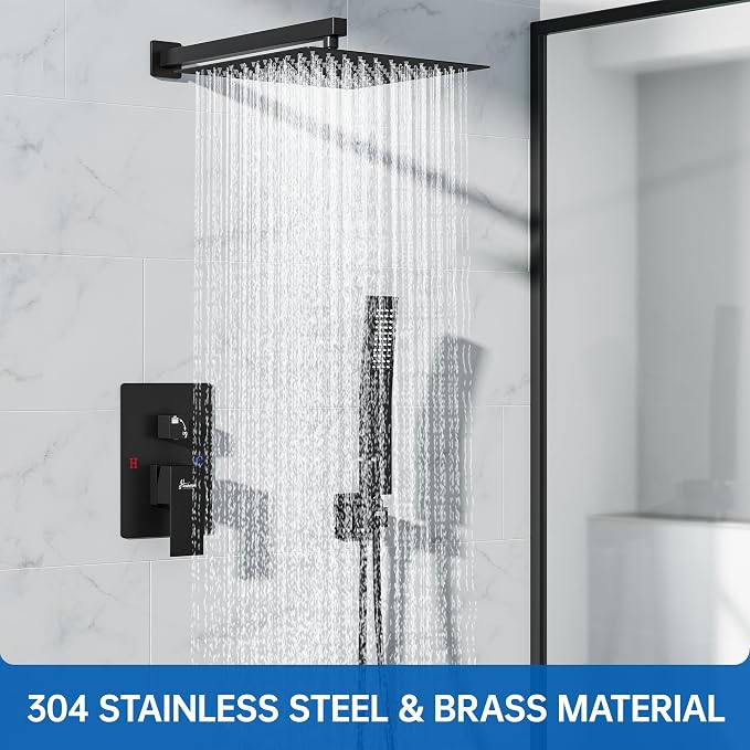 Hawkrown 10 Inch Luxury Rain Shower Faucet Set, Matte Black Shower System with Rainfall Shower Head and Handheld Spray, SUS304 Stainless Steel and Solid Brass Wall Mounted Shower Valve Trim Kit