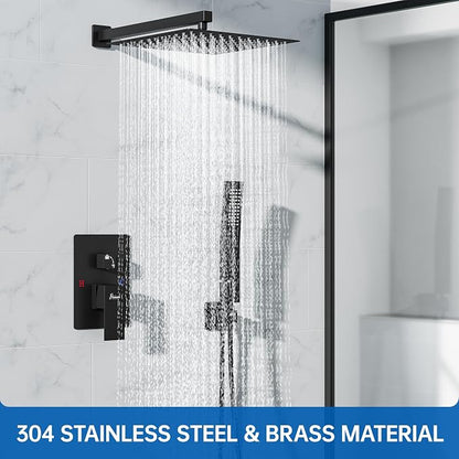 Hawkrown 10 Inch Luxury Rain Shower Faucet Set, Matte Black Shower System with Rainfall Shower Head and Handheld Spray, SUS304 Stainless Steel and Solid Brass Wall Mounted Shower Valve Trim Kit