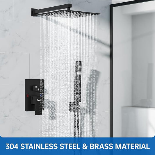 Hawkrown 10 Inch Luxury Rain Shower Faucet Set, Matte Black Shower System with Rainfall Shower Head and Handheld Spray, SUS304 Stainless Steel and Solid Brass Wall Mounted Shower Valve Trim Kit