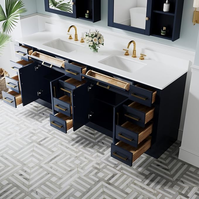 84-Inch Bathroom Vanity with Double Sinks W/ 4 Doors & 12 Drawers & 2 Flip Drawers, Navy Blue Vanity W/Brushed Gold Handles