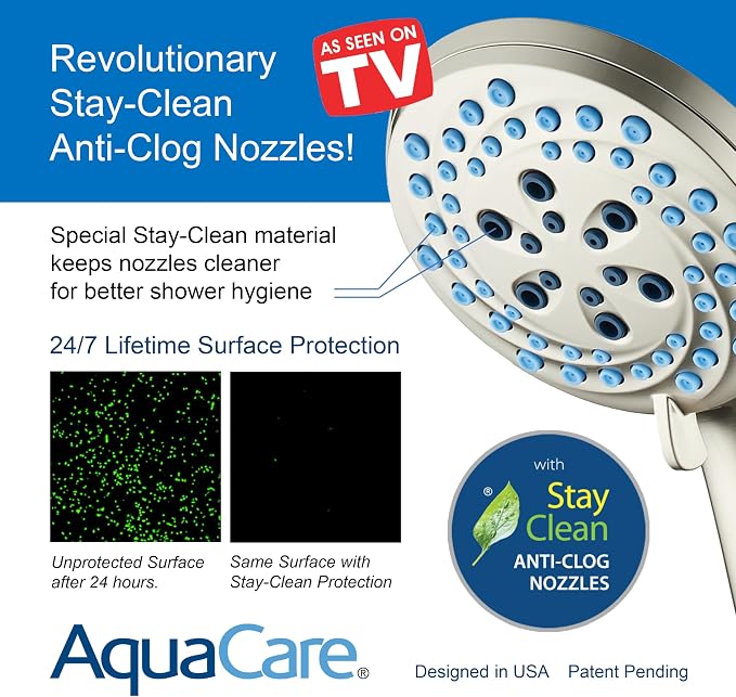 AquaCare New 8-mode High Pressure Handheld Shower Head w/ 2-way Power Wash | Stay Clean Nozzles, Dual Power Wash for Tub, Tile & Pets, Long 6 ft. Stainless Steel Hose, Wall & Overhead Brackets / Nickel