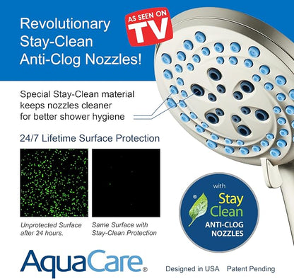 AquaCare New 8-mode High Pressure Handheld Shower Head w/ 2-way Power Wash | Stay Clean Nozzles, Dual Power Wash for Tub, Tile & Pets, Long 6 ft. Stainless Steel Hose, Wall & Overhead Brackets / Nickel