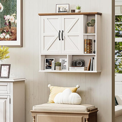 Bathroom Wall Cabinet, Farmhouse Medicine Cabinet with Double Barn Door and Adjustable Wood Shelf, Over The Toilet Storage Cabinet for Wall Mounted for Bathroom Laundry Room Kitchen (White and Brown)