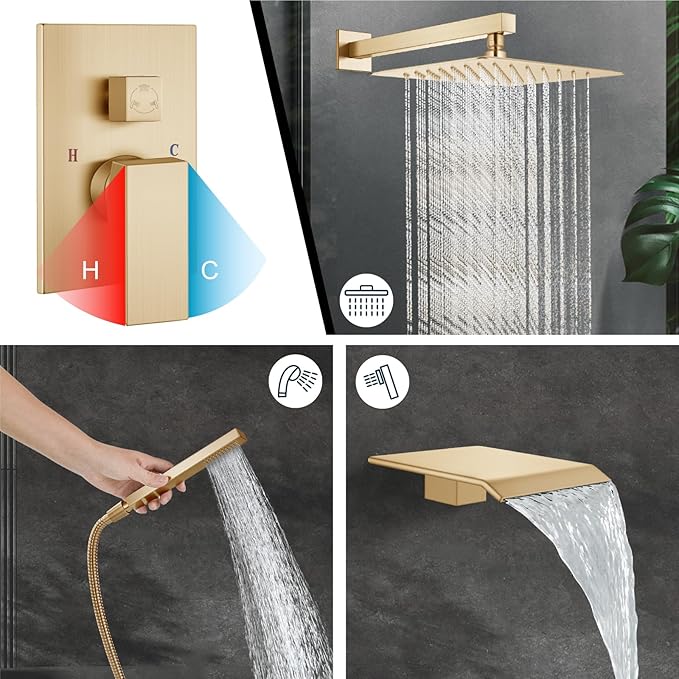 Midanya Rain Shower System with Tub Spout,Tub Shower Faucet Set with rainfall Shower Head and Handheld Spray,Wall Mount Tub Shower Combo Rough-in Valve Included,10 Inch Brushed Gold