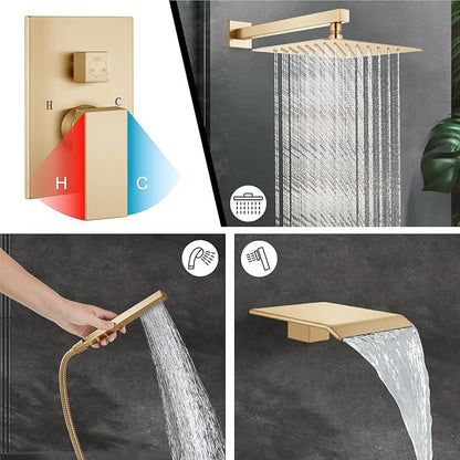 Midanya Rain Shower System with Tub Spout,Tub Shower Faucet Set with rainfall Shower Head and Handheld Spray,Wall Mount Tub Shower Combo Rough-in Valve Included,10 Inch Brushed Gold