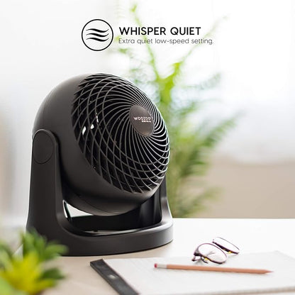 IRIS USA WOOZOO Desk Fan, Air Circulator, 3 Speeds, 52ft Max Air Distance, 360° Adjustable Tilt, 30 db Quiet Motor, Fan for Bedroom, Office, Dorm, Medium, Black