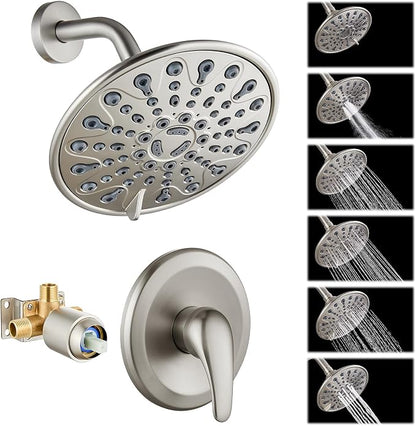 gotonovo Shower Faucet Set with Valve 6 Mode Rain Head Brushed Nickel | Bathroom Shower Head and Handle Set Complete Combo,6 Mode Multi 6’’ ABS Rainfall Showerhead,Brass Valve Trim Kit,Wall Mount