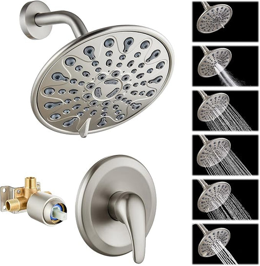 gotonovo Shower Faucet Set with Valve 6 Mode Rain Head Brushed Nickel | Bathroom Shower Head and Handle Set Complete Combo,6 Mode Multi 6’’ ABS Rainfall Showerhead,Brass Valve Trim Kit,Wall Mount
