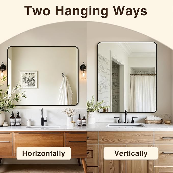 Vanity Bathroom Mirror, 36”x30” Black Bathroom Mirror for Over Sink | HD Tempered Glass, Anti-Rust Frame, Vertical or Horizontal, Wall Mirrors for Bathroom Sink, Living Room, Entryway, Bedroom