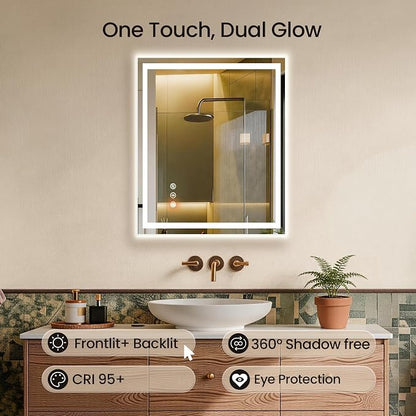 24x32 LED Bathroom Mirror with Anti-Fog, Backlit & Front Lit, Memory | Stepless Dimmable 3 Color CRI 95+ Shatterproof Tempered Glass ETL Listed for Safety Lighted Bathroom Vanity Mirror for Wall