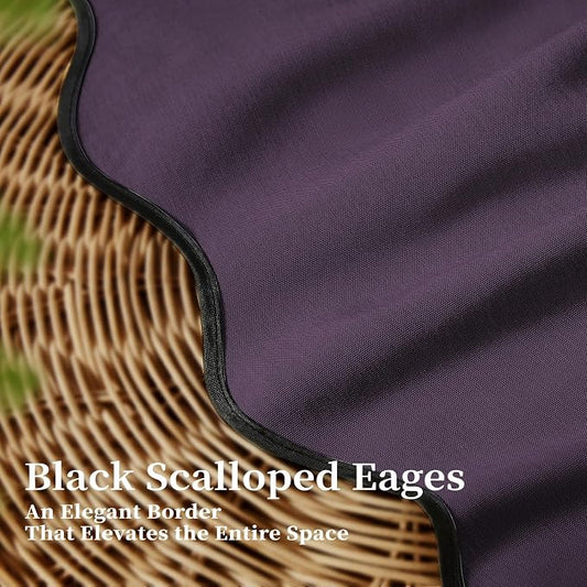 BTTN 72x80 Boho Scalloped Linen Textured Cloth Shower Curtain Set, Purple | Long Size, 230GSM Waterproof Polyester, Heavy Duty Fabric, 12 Plastic Hooks, Elegant Modern Farmhouse Style, Machine Washable