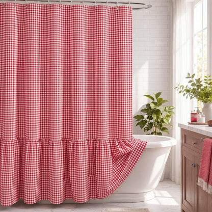 HunnmingRe Ruffle Hem Gingham Shower Curtain, Red Farmhouse | Waterproof Fabric for Bathroom, Machine Washable, Standard Size Fits Most Tubs, Farmhouse Cottage Style Decor