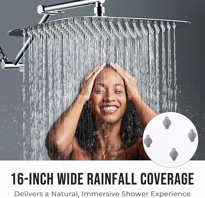 G-Promise 16 Inch All Metal Rain Shower Head with Extension Arm | Built to Last, Rust Resistant, Easy to Install, Adjustable, Full Body Coverage Large Rainfall Shower Head, Daily SPA