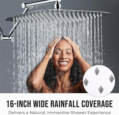 G-Promise 16 Inch All Metal Rain Shower Head with Extension Arm | Built to Last, Rust Resistant, Easy to Install, Adjustable, Full Body Coverage Large Rainfall Shower Head, Daily SPA
