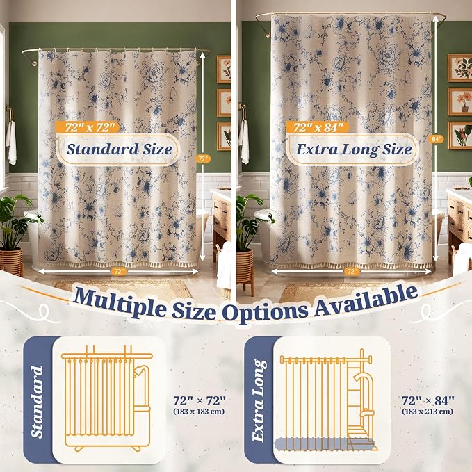 Vintage Blue Floral Shower Curtain with 12 Clear Rings - 72" W x 72" L | Farmhouse Fabric Faux Linen Shower Curtain Set, French Country Cottagecore Style Shower Curtain for Bathroom