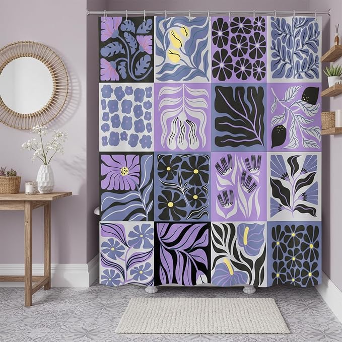 JAWO Retro Shower Curtain Vintage Abstract Boho Floral Shower Curtains for Bathroom Decor Purple Yellow Botanical Geometric Groovy Aesthetic Pattern Shower Curtain Sets with Hooks, 70X70IN