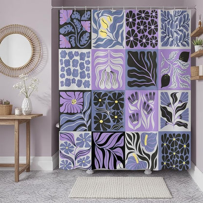 JAWO Retro Shower Curtain Vintage Abstract Boho Floral Shower Curtains for Bathroom Decor Purple Yellow Botanical Geometric Groovy Aesthetic Pattern Shower Curtain Sets with Hooks, 70X70IN
