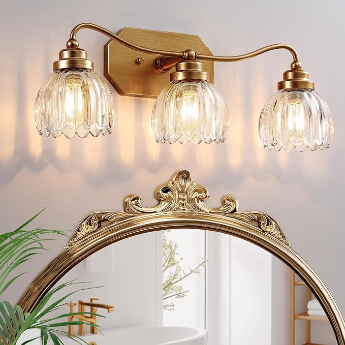 3 Light Gold Vintage Vanity Lights, Antique Brass Finish | Clear Tulip Crystal Shades,Brushed Gold Bathroom Light Fixtures,Wall Sconce Ideal for Bedroom, Hallway, Easy to Install