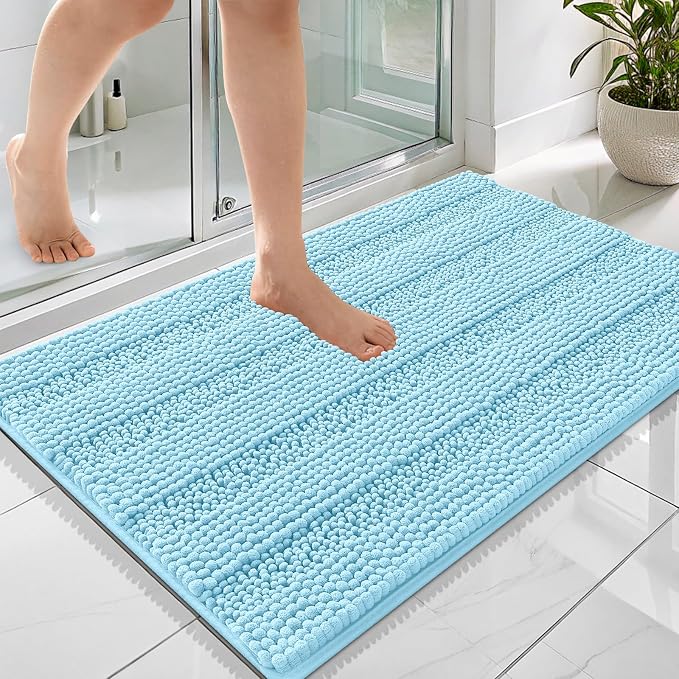 OLANLY Thick Bathroom Rugs 36x24, Soft Chenille Striped Bath Rugs, Sky Blue | Rubber Backing, Machine Wash, Extra Absorbent Bath Mats for Bathroom Floor, Tub and Shower, Home Decor Accessories