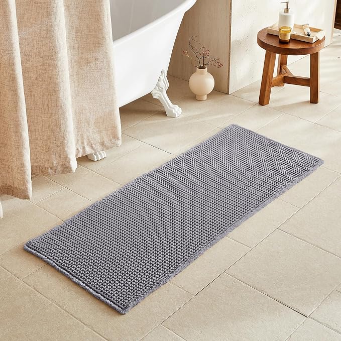 TYUU Waffle Runner Rug Bathroom, Long Boho Bath Mat, 60x24 Grey | Super Absorbent Quick Dry Bath Rug, Non-Slip Backing, Soft Waffle Washable Farmhouse Bathroom Mats, Tub, Shower & Home Decor