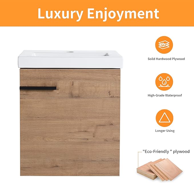 18 Inch Bathroom Vanity with Sink,Wall Mounted Bathroom Vanity Sink Combo with 1 Soft Close Door for Small Space,Modern Floating Bathroom Vanities with Top Basin&Brown Storage Cabinet