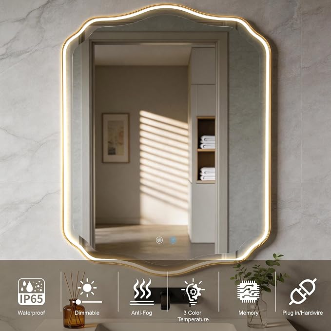 POZINO 30"x22" Scalloped LED Bathroom Mirror with Lights, Gold Metal Frame | Beveled Edge, 3 Color Dimmable, Anti-Fog, Memory Function, IP65 Waterproof, Smart Bathroom Vanity Mirror with Front Lights