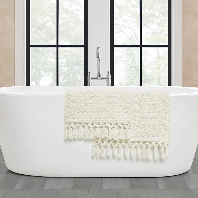 French Connection Nellore Bathroom Rugs, Set of 2 Woven and Beaded Bathroom Mats, Durable Bath Rugs, Thick Bath Mats for Bathroom and Shower Rugs, 17" x 28" and 20" x 38", Ivory