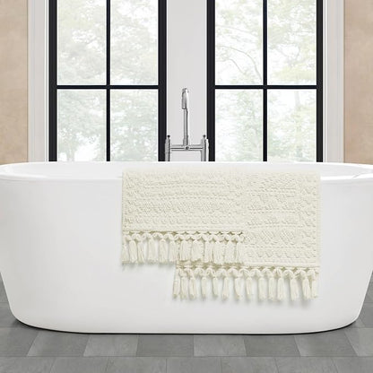 French Connection Nellore Bathroom Rugs, Set of 2 Woven and Beaded Bathroom Mats, Durable Bath Rugs, Thick Bath Mats for Bathroom and Shower Rugs, 17" x 28" and 20" x 38", Ivory