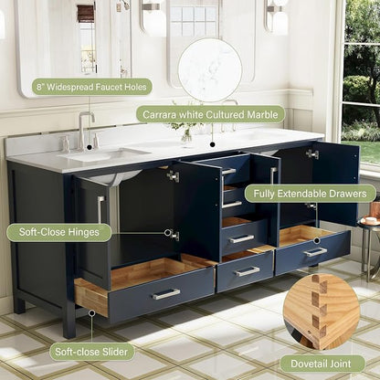 80-Inch Bathroom Vanity with Sink, 4 Soft-Close Doors and 6 Soft-Close Drawers, Bathroom Freestanding Vanity with Cultured Marble Countertop, Navy Blue Vanity with Brushed Nickel Handles