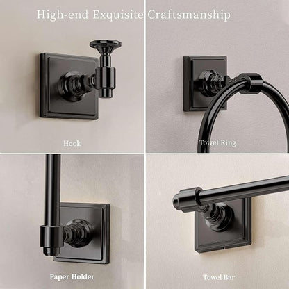 VEHCIL Matte Black Bathroom Towel Bar Set, 5 Piece Bathroom Hardware Accessory Set, SUS304 Stainless Steel 24" Towel Rack Holder Set for Bathroom, Wall Mounted