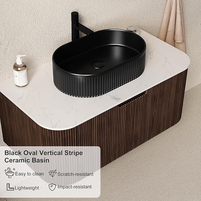 30 inch Floating Bathroom Vanity with Sink, Natural Solid Wood Modern Bathroom Vanities with Ultra-Thin Ceramic Basin and Marble Top, Soft-Close Drawer, Pre-Assembled, Walnut with Black