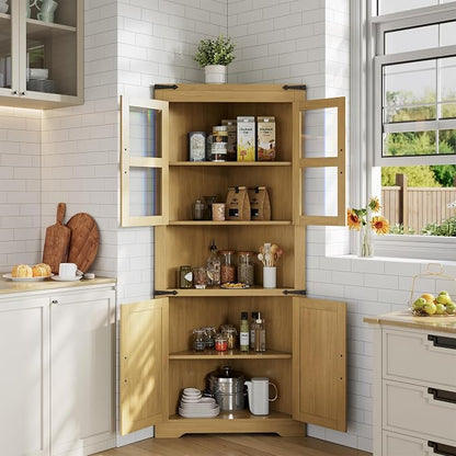 GAOMON Farmhouse Corner Cabinet, Tall Corner Storage Cabinet with Glass Door & Adjustable Shelves, Bathroom Cabinet with Storage for Living Room, Kitchen, Bathroom, Natural