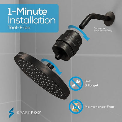 SparkPod Filtered Shower Head, 23-Stage, 8" Round, Oil-Rubbed Bronze | Showerhead for Hard Water, High Pressure, Reduces Chlorine, Heavy Metals, For Dry Skin & Hair, Removable Capsule Filter
