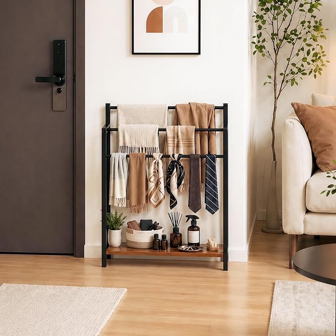 24.8" W Freestanding Towel Rack with Rustic Brown Wood Shelf | 3 Tier Blanket Ladder Stand for Bathroom Living Room, Metal Frame