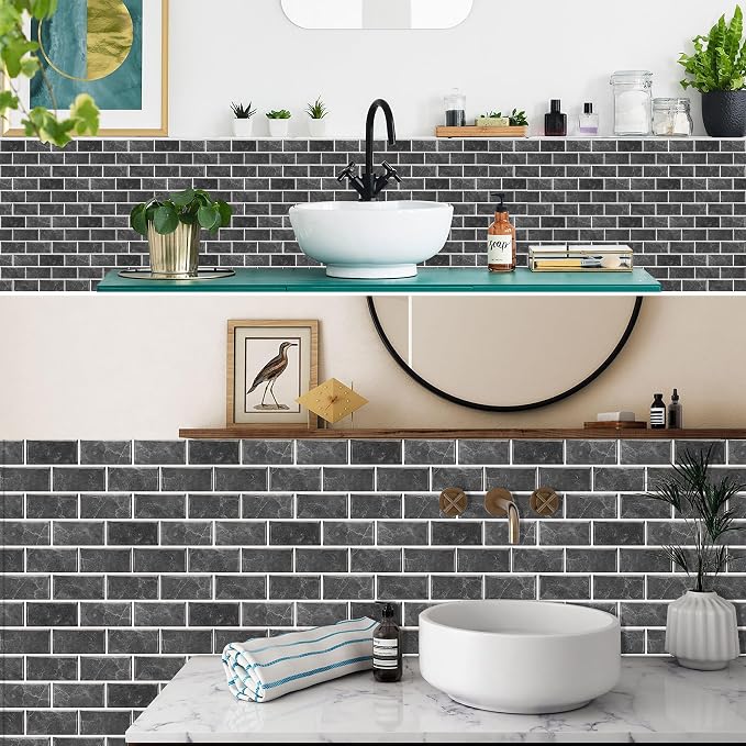 12-Sheet Black Peel and Stick Wallpaper, Subway Tile 6''x12'' Self Adhesive Wall Tiles Waterproof PVC Stick on Backsplash Vinyl Decorative Tiles Stickers for Kitchen Bathroom
