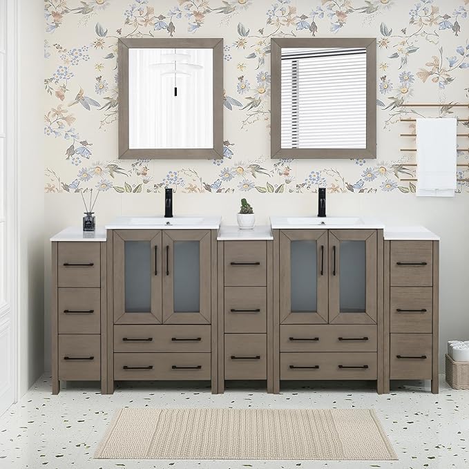 HOMEBEYOND 84 Inch Modern Bathroom Vanity with Sink & Mirror, Double Sink Vanity Cabinet with Basin and Mirror, Dove-Tailed Drawers, Soft-Closing Doors, Wood, Driftwood Gray