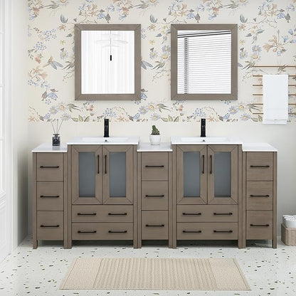 HOMEBEYOND 84 Inch Modern Bathroom Vanity with Sink & Mirror, Double Sink Vanity Cabinet with Basin and Mirror, Dove-Tailed Drawers, Soft-Closing Doors, Wood, Driftwood Gray