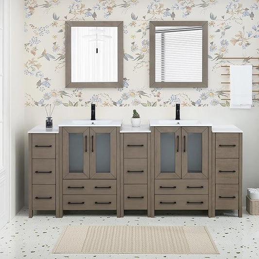 HOMEBEYOND 84 Inch Modern Bathroom Vanity with Sink & Mirror, Double Sink Vanity Cabinet with Basin and Mirror, Dove-Tailed Drawers, Soft-Closing Doors, Wood, Driftwood Gray