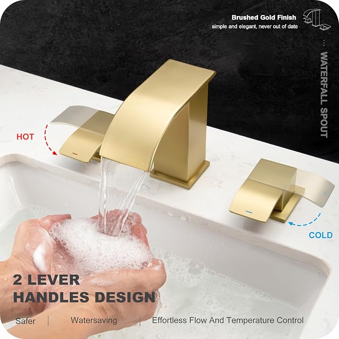 8 Inch Waterfall Bathroom Faucets 3 Hole - Brushed Gold Widespread Bathroom Faucet with Pop-up Drain, Two Handles Bathroom Sink Faucet, Modern Vanity Sink faucets with Supply Lines