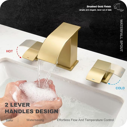 8 Inch Waterfall Bathroom Faucets 3 Hole - Brushed Gold Widespread Bathroom Faucet with Pop-up Drain, Two Handles Bathroom Sink Faucet, Modern Vanity Sink faucets with Supply Lines