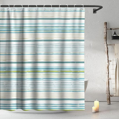 Neutral Minimalist Striped Shower Curtain, Ocean Modern Aesthetic Abstract Rustic Shower Curtains for Bathroom, Waterproof Bath Curtain with Hooks Machine Washable Bathtub Curtains 72x72 Inch Blue