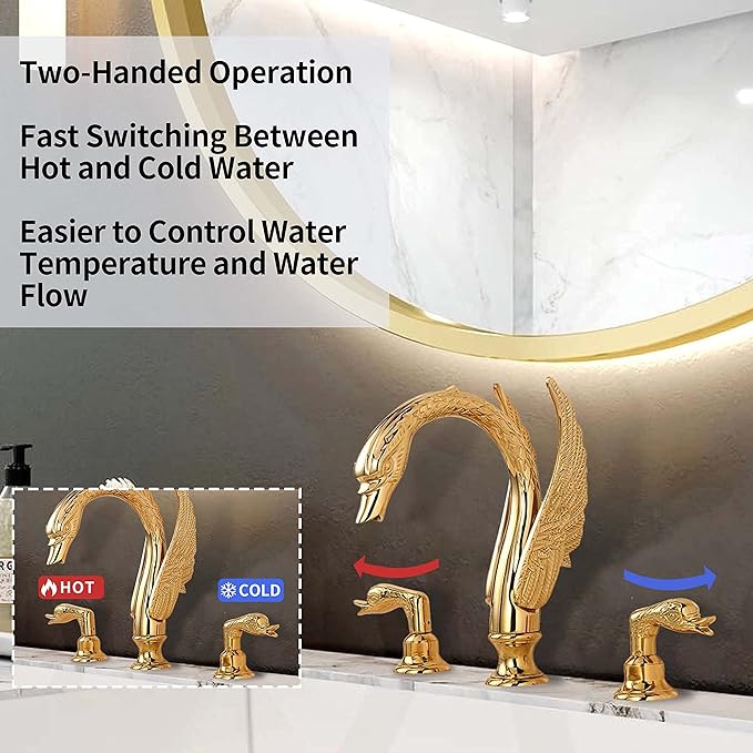 Golden Gold Ornate Swan Style Bathroom Sink Faucet Combo Deck Mount Sink Mixer Tap Set Hot Cold Water